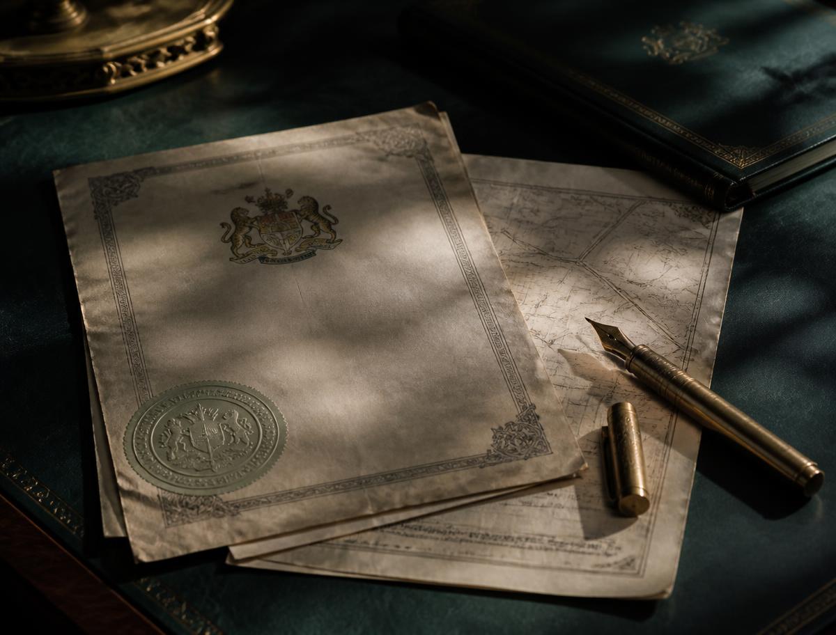 Historic land grant documents and a brass pen on a desk